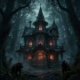 the scariest witches house in the scariest dark forest, scary animals, epic scene, dark, scary, horror, frightening, fantasy, cinematic, redshift render, cgi, hyper - detailed, photo - bash, 8 k post - production, masterpiece