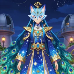 portrait from an anime of an ethereal colorful blue starry fox peacock character accented in gold, wearing star filled magic imbued mage robes, wearing lots of gold jewelry and gems, set in observatory at night, art by yuji ikehata, background art by miyazaki with assistance from nintendo, realism, proper human proportions, fully clothed, cgi, gaming