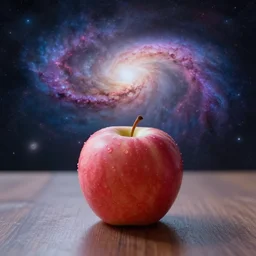 an apple is sitting on a table with nebulas in the background
