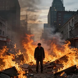the city is burning and fire is everywhere just a man was standing alone crying while world is getting destroyed