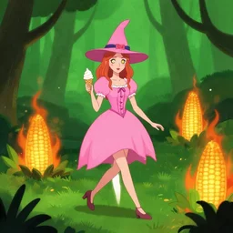 a witch, dressed in a pink dress, with a ice cream, is walking in a green cornfire, digital art