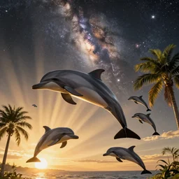 dolphins swimming, golden hour, god rays, dreamscape by artgerm and ruan jia and ismail inceoglu and greg olsen, cosmos, milky way galaxy, masterpiece, beautiful, intricate, elegant, highly detailed, palm trees