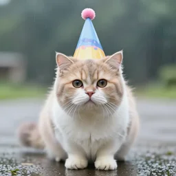 smol fluffy cat wearing smol party hat, light rain