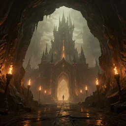wide angle architecture photography of dark fantasy castle!!!!!!!!, pathway through abstract portal cave exit to otherworldly castle, ( ( ( fog ) ) ), torches on cave walls, high sci - fi fantasy, cryengine 8 k render, artwork by world of warcraft mass effect dnd overwatch dark souls, moody light 6, warm color palette