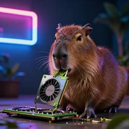photo of a capybara eating a nvidia gpu, neon lighting, nature photography, 8 k, canon 3 0 0 mm, professional photographer, 4 0 mp, lifelike, top - rated, award winning, realistic, sharp, no blur, edited, corrected, trending