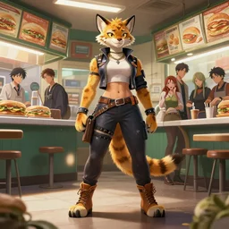 wide angle beautiful full body portrait of a strong female anthropomorphic anthro lynx fursona wearing biker clothes at a subway sandwich store. character design by disney, anime, manga, charlie bowater, ross tran, artgerm, and makoto shinkai, detailed, soft lighting, rendered in octane