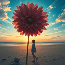 closeup giant dahlia flower head, girl standing on beach, surreal photography, blue sky, sunrise, dramatic light, impressionist painting, digital painting, artstation, simon stalenhag