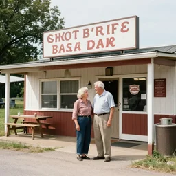 a photo of a rustic roadside diner with an elderly couple standing in front of it