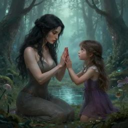 sensual woman and her daughter making a sacrifice in a magical forest by leesha hannigan, fantasy, highly detailed faces, magical forest, pond, fog, digital art, artwork