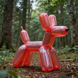 an inflatable koons balloon dog made of clear red plastic sheeting. the koons balloon dog sits at the edge of a forest. ultra wide shot, octane render, 8 k, photorealistic