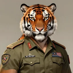 a aesthetic award winning commission portrait of a fit anthro tiger wearing military uniform,digital art,art by greg rutkowski,art germ,charles bowater,trevor henderson,detailed beautfiul face,photorealistoc,hyperdetailed,dramatic,artstation,deviantart,professional lighting,western comic art,clean lineart