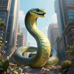 Enormous serpent slithering between the buildings of a city, 4K, Octane Render, digital art, trending on ArtStation