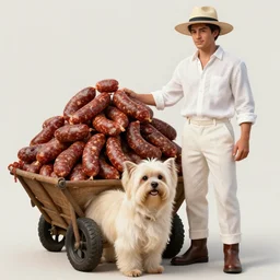 a young man wearing a canotier cuban hat, crisp white linen shirt and slacks, leather boots, showing a large cart piled high with sausages and ham, a large cream - colored havanese dog looks at the cart, outside a hacienda in cuba, 1 9 0 0, tartakovsky, atey ghailan, goro fujita, studio ghibli, rim light, mid morning lighting, clear focus, very coherent