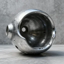 weird amorphous chrome machine hull empty inside defunct on the concrete