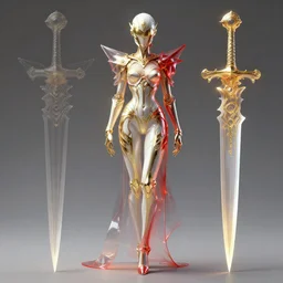 a full body character design by artgerm, greg rutkowski and alphonse mucha. sci - fi dagger. white, gold and red translucent plastic tape project show attctive showgirl!! sci - fi helmet!! sharp edges. contour light effect!!. ultra detailed, elegant, intricate, octane render.