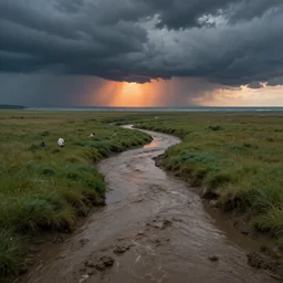 muddy river leads to sea by hiroshi yoshida, marc simonetti, roger deakins, turner, rothko, hyperrealism, cinematic, grassland, dramatic storm sunset, dan flavin lights, matte painting, fluid simulation, tonalism, volumetric light, trending on artstation, cgsociety, high detail concept art, top view, rendered in octane