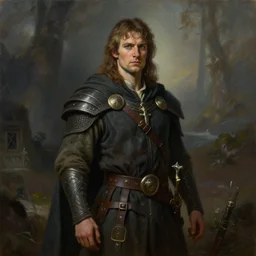 a full body high detail fantasy portrait oil painting illustration of a single handsome male bard by justin sweet with face and body clearly visible, in a scenic background, intense eyes, realistic proportions, d & d, rpg, forgotten realms, artstation trending, high quality, sombre mood, artstation trending, muted colours, entire person visible!