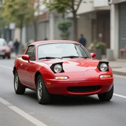 105mm photo of car full view mid distance photograph red Mazda Miata parked on street from 1935