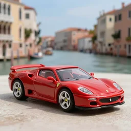 3 5 mm photo of red ferrari 5 0 0 f 2, hot wheels model with venice background, very high detail, epic cinematic, epic lighting