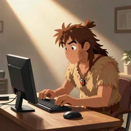 caveman trying to fix computer, anime style