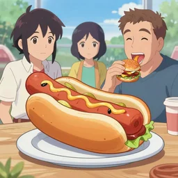 a cartoon hot dog eating a burger, by michael whelan and tomer hanuka, by makoto shinkai and thomas kinkade, trending on artstation and unreal engine