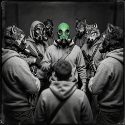 a photogroup of wolf gangs street gang, with weapon, gray hoodie, some member use gas mask and other use wolf mask, with leader in center of them with green mask, unreal engine, portrait, tintype, side - view, f / 2. 8, black and white, high contrast, 1 6 k, lonely, perfectionism, halfrear lighting, insanely detailed and