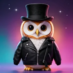 cute owl wearing black biker jacket, portrait photo, backlit, studio photo, background colorful, tophat, starry background