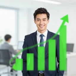 happy business person in the background there is a green graph with high returns