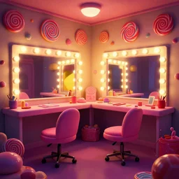 a dimly lit, colorful, theater dressing room, made of candy, cartoon style