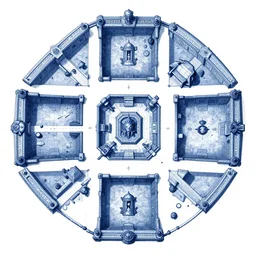dungeon map by dysonlogos, dungeon map by gary gygax, nine rooms, map of osr dungeon, 1 0 foot, map of tomb of horror, trending of artstation, blue and white ratio