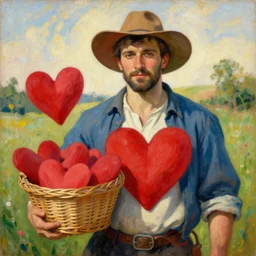 a beautiful painting of an european instagram heart farmer. in his arm he has a basket full of hearts. in style of ilya repin, trending on artstation