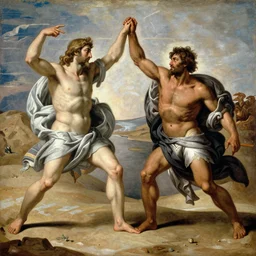 the hand of god fights against a single powerful man in a desert land, in the style of michelangelo buonarroti, classical paint