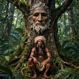 a shaman sitting in the jungle, a tree behind him with a giant face of an old man in the trunk, hyper detailed, art by christophe vacher