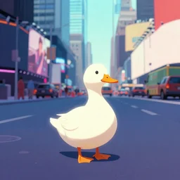 a duck standing alone in Times Square 1985 by Ashley Wood, vaporwave