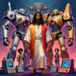 stylish caricature 3 d vfx drew struzan movie poster art of an african jesus christ surrounded by giant mecha & retro gaming consoles, art style by james jean & hsiao - ron cheng, unreal engine render, digital illustration, sharp, intricate detail, volumetric lighting, ray tracing, soft light, neon, claymation style, ernie barnes style, symmetry, acrylic on canvas, pinterest