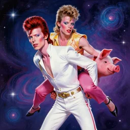 david bowie giving a piggy back ride to ziggy stardust. glam rock. cosmic. psychedelic. digital painting by mark brooks brad kunkle.