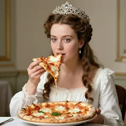 a historical photo of young beautiful queen margherita of italy, eating a pizza margherita, impressed, regency, intricate detailed tiara, pearl necklace, black and white photo, smooth lighting, masterpiece, idealistic composition, raffaele esposito