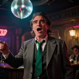the medium shot of singing old drunkard ( ( ( ( ( joaquin phoenix ) ) ) ) ) with sideburns worn in the old grey jacket with emerald tie on the scene in steampunk bar, still frame from the movie with the cinematography of christopher doyle, neon lighting reflecting from a disco ball, anamorphic lens, optical flares, award - winning photo, 8 k