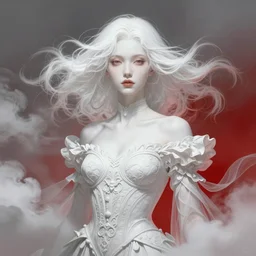 portrait of cyberpunk woman, dark fantasy, gradient white red grey, dreamy and ethereal, brown eyes, golden ratio, peaceful expression, ornate frilly dress, fantasy, intricate, elegant, clouds and wind, highly detailed, digital painting, artstation, concept art, smooth, b sharp focus, illustration, art by artgerm and greg rutkowski and alphonse mucha