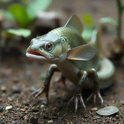 the not fish, a creature with a fish's head that has the body of a snake with clawed legs. | realistic | nature shot | photo