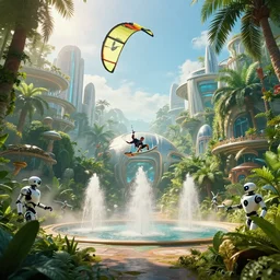 movie still frame, a man kite surfing inside a luxurious futuristic city dome in a lush jungle, beautiful composition, sunny, steam, fountains, robots, 8 k, cgi, by ridley scott, james cameron, zack snyder and michael bay