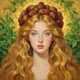 epic painting, full figure portrait of beautiful goddess with with sweet dried dates fruits, medjool dates, dried dates crown,, green tea leaves background, golden glow background, drawing, photography by amy leibowitz, wlop, jeremy lipkin, beeple, intricate, 4 k, golden wavy swirly hair, symmetrical front portrait