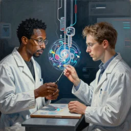 a abstract painting of scientist creating artificial intelligence, digital art, highly detailed, hyperrealistic, artstation, unreal engine, octane render, by John Coltrane and Marc Simonetti, Manic, inspired by Greg rutkowski