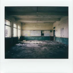 polaroid of the interior of an abandoned school sad, depressing, creepy, bad lighting
