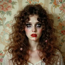 a beautiful but sinister girl in layers of fear, with haunted eyes and curly hair, 1 9 7 0 s, seventies, floral wallpaper, delicate embellishments, a little blood, crimson, painterly, offset printing technique, by fragonard
