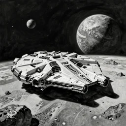 The Millennium Falcon starting from the surface of a rocky planet as a monochrome drawing in Bauhaus style