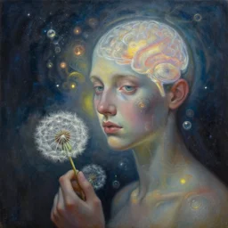 portrait oil painting, abstract expression, subconscious connects, dimensional consciousness, fantastical, ultra realistic, dandelion in a symbiosis with human figure at night, soft glows, intricate details, artifacts, luminous skies, transparent brain, highly detail, michael cheval, peter mohrbacher, boris vallejo, jessica rossier, oil