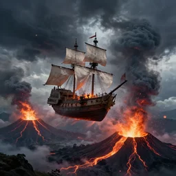 a galleon flying over erupting volcanos, in a cataclysm, huge storm, dramatic lighting, epic, hd, fantasy, artstation