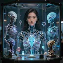 beauty woman in holograms of alien robotic artifacts, electrical case display, total recall tech, ultrarealistic, dramatic lighting, electrical details, high details, 4k, 8k, best, accurate, trending on artstation, artstation, photorealism, ultrarealistic, digital painting, style of Peter Mohrbacher, Hajime Sorayama, Caravaggio, Boris Vallejo