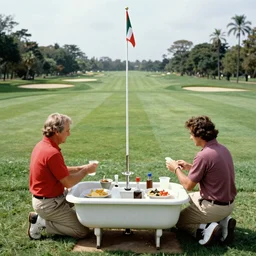 🚽🏌🏽♂⚗🇰🇮🍽 in the style of a 1 9 9 0's tourist photo